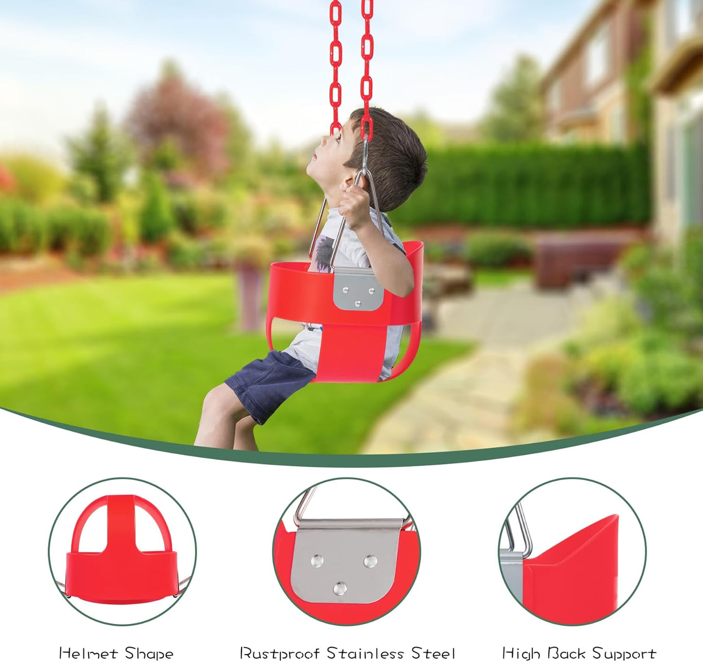 Heavy-Duty Toddler Swing with Coated Safety Chains-High Back Bucket Seat Includes Tree Straps,Hooks for Backyard, Playground,Outdoor Use (Red)
