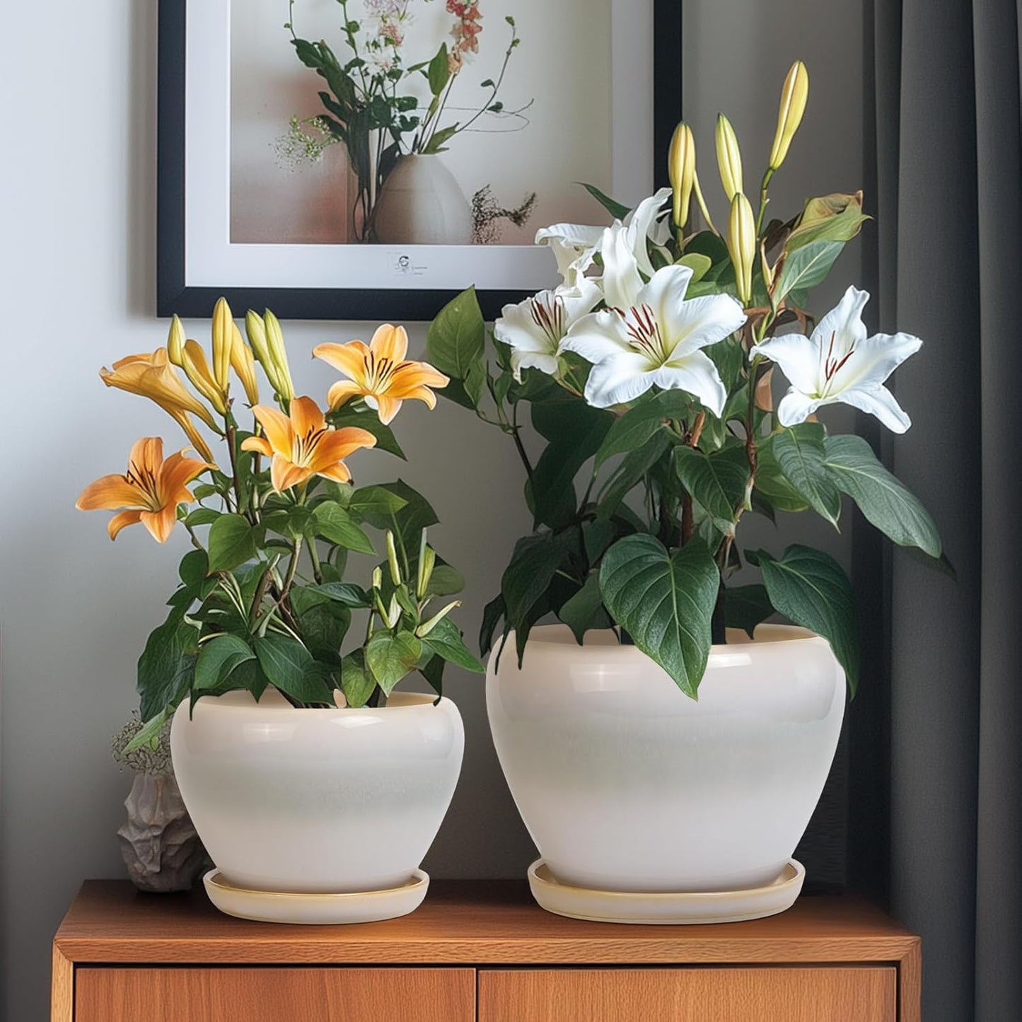 Ceramic Flower Pots, Modren Round 10 Inch 8 Inch 6 Inch Planters with Drainage Holes and Plant Saucers for Indoor Outdoor Flower, Garden Decor, Gifts for Plant Lovers, Set of 3, White-Grey