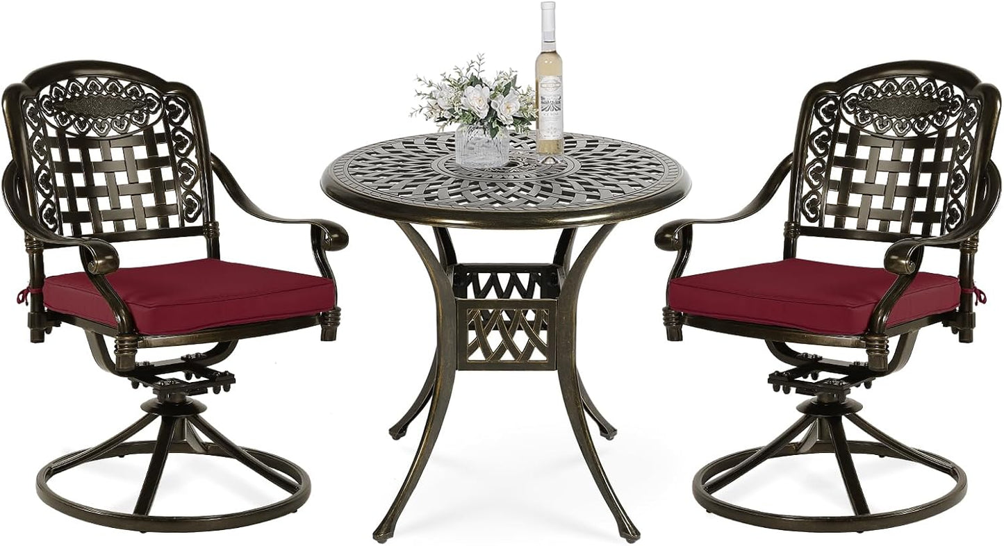VIVIJASON 3-Piece Patio Bistro Set, Outdoor All-Weather Cast Aluminum Furniture Dining Set, Include 2 Swivel Chairs and 31" Round Table w/Umbrella Hole for Balcony, Lawn, Garden (Red Cushion)