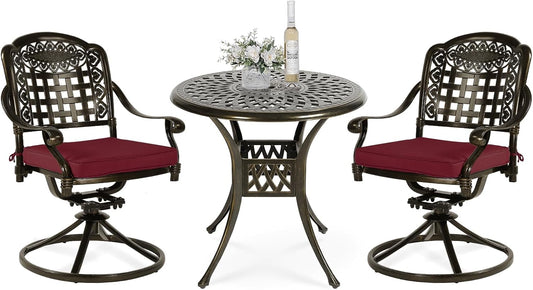 VIVIJASON 3-Piece Patio Bistro Set, Outdoor All-Weather Cast Aluminum Furniture Dining Set, Include 2 Swivel Chairs and 31" Round Table w/Umbrella Hole for Balcony, Lawn, Garden (Red Cushion)