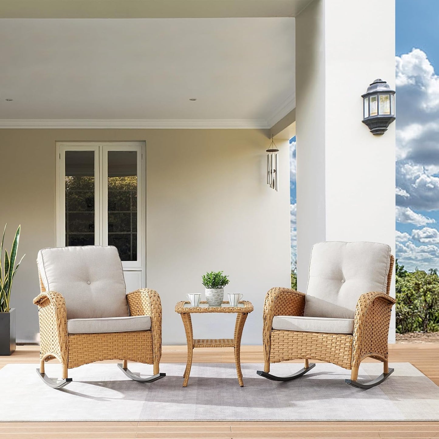 HUMMUH Patio Wicker Rocking Chairs Set of 2 Rattan Outdoor Rocking Chairs for Front Porch Garden Backyard Lawn Balcony Weather Rocker Chair with Side Table