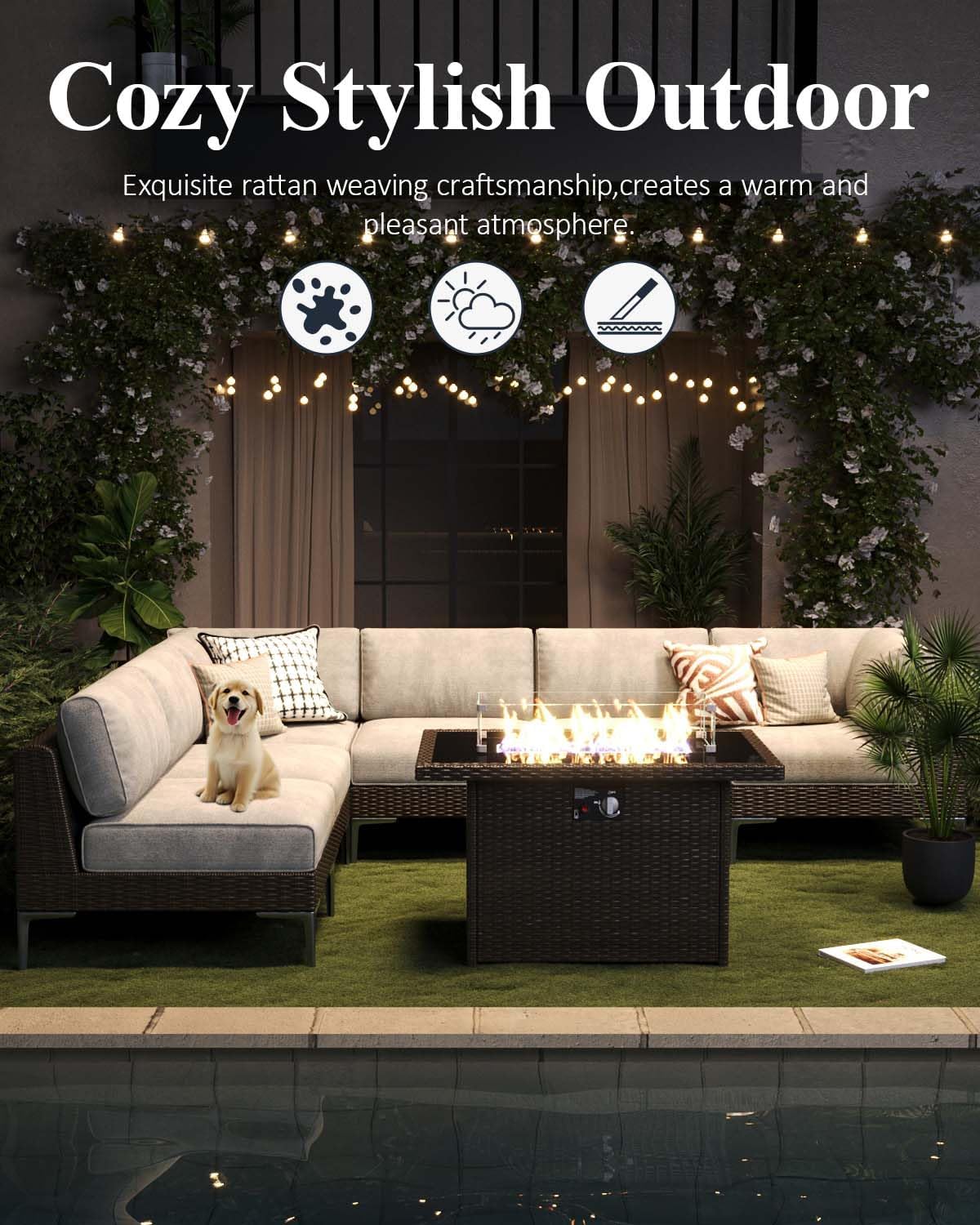 LayinSun 10-Piece Outdoor Modular Wicker Sectional Sofa with Fire Pit Table, Patio Furniture Conversation Set with Deep Seating and Thick Cushions