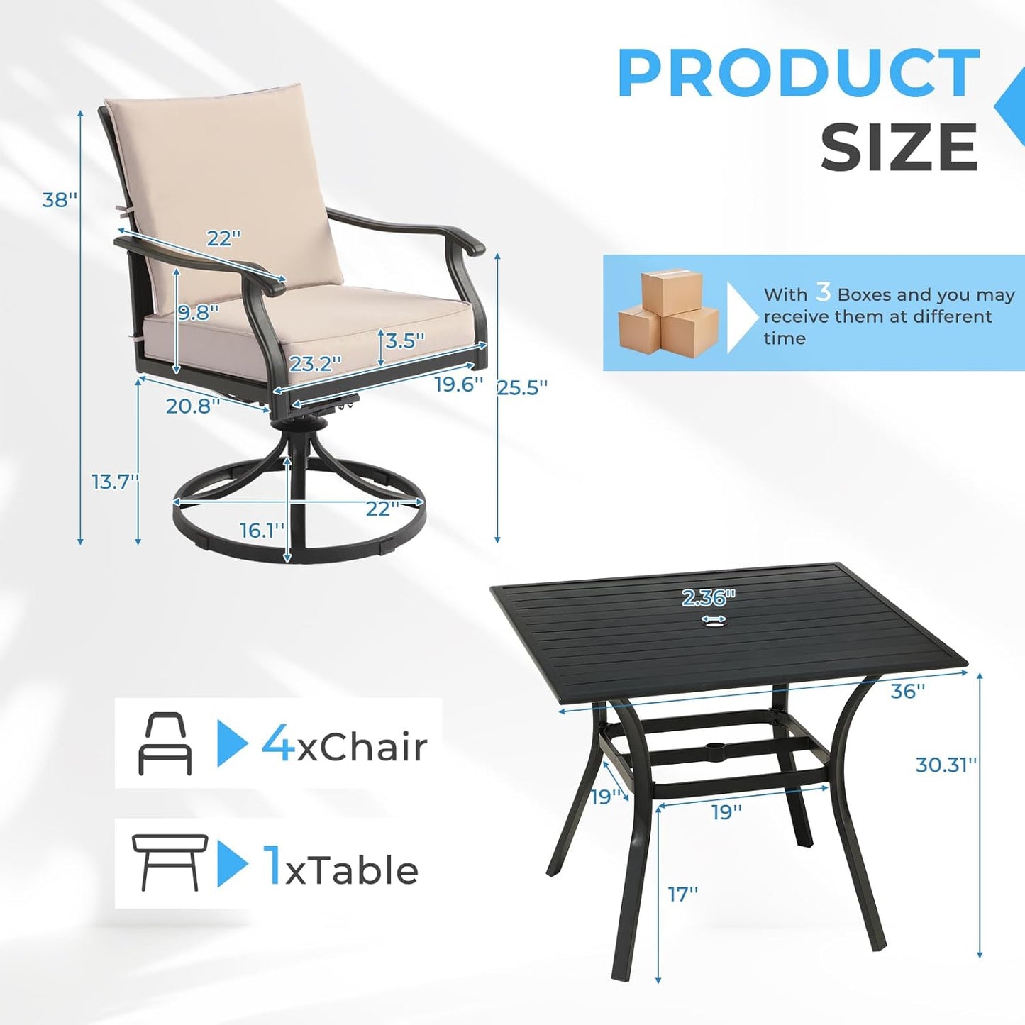 5-Piece Outdoor Patio Dining Set, Outdoor Patio Swivel Chair & Square Metal Patio Table, Outdoor Furniture Dining Set for Patio, Balcony, Lawn, Garden, Backyard (1 Square Table+ 4 Swivel Chairs)