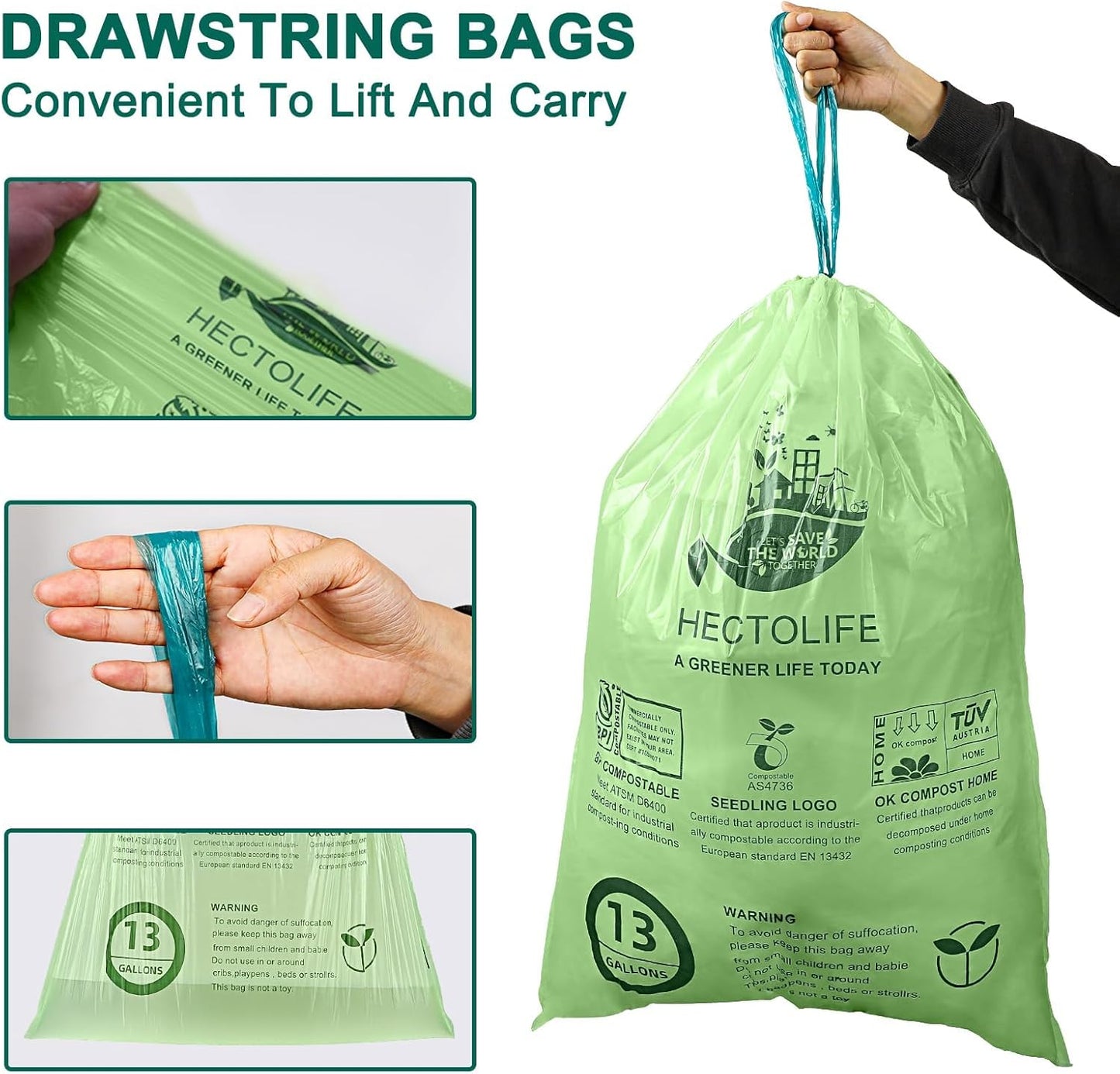 13 Gallon,50 Count, Compostable Trash Bags with Drawstring,Tear Resistant Kitchen Food Scrap Waste Bag, ASTM D6400, US BPI and Europe OK Compost Home Certified