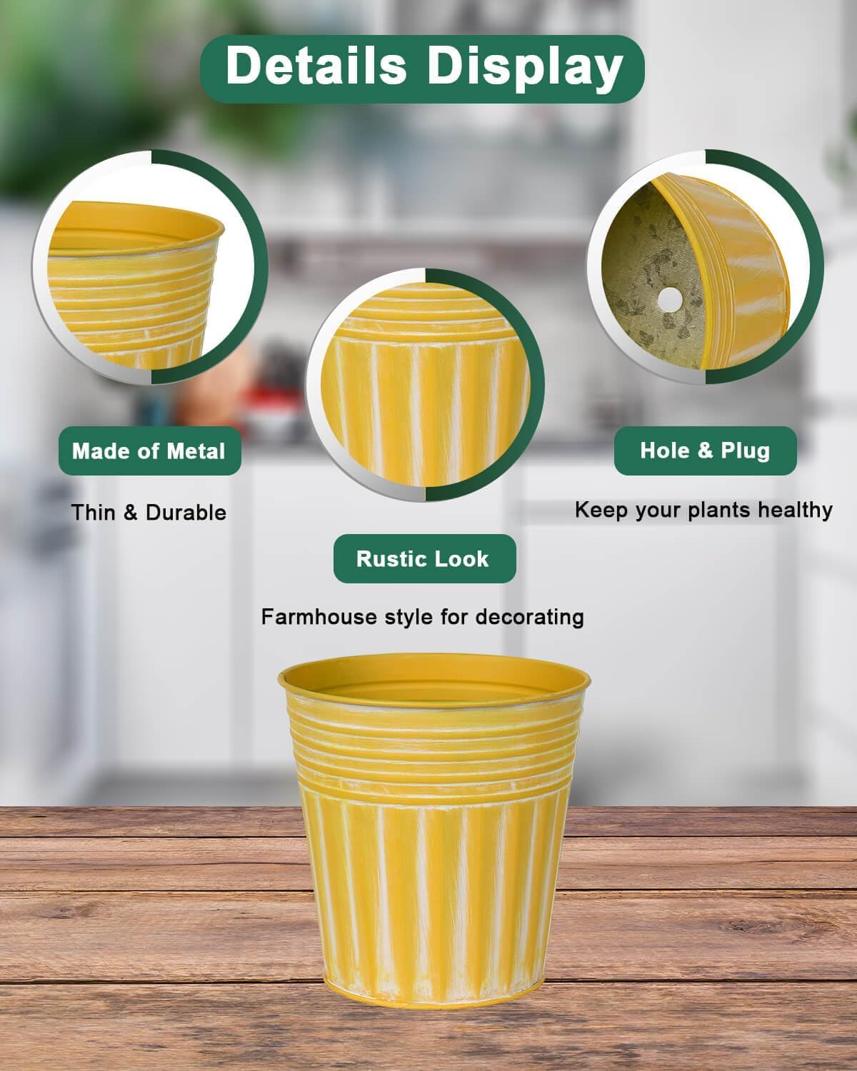 6 Inch Yellow Metal Rustic Flower Pots - 6Pcs Galvanized Planters with Drainage Hole and Rubber Plug, Rustproof Metal Bucket Plant Pots Farmhouse Vintage Style for Decor