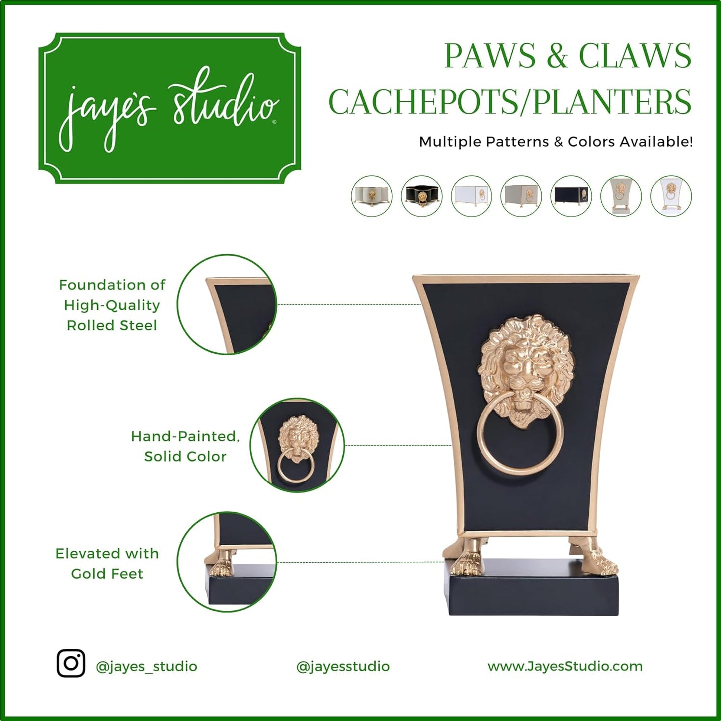 Jaye's Studio Regency Line, Paws & Claws, Decorative Square Cachepot & Planter, Gold Trim & Finish, Hand-Painted, Handcrafted Metal, Luxury Indoor Planter, Size 5x5x9, (Black)