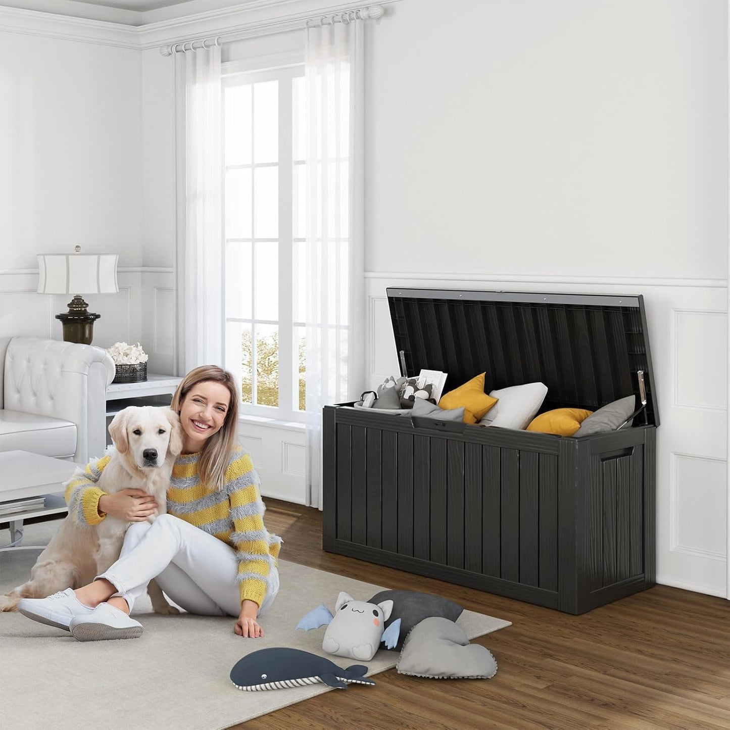 80 Gallon Resin Deck Box, Lockable Outdoor Storage Box for Patio Cushions Storage Furniture,Garden Tools, Pool Supplies, Weatherproof and UV Resistant- Black (80 Gallon)