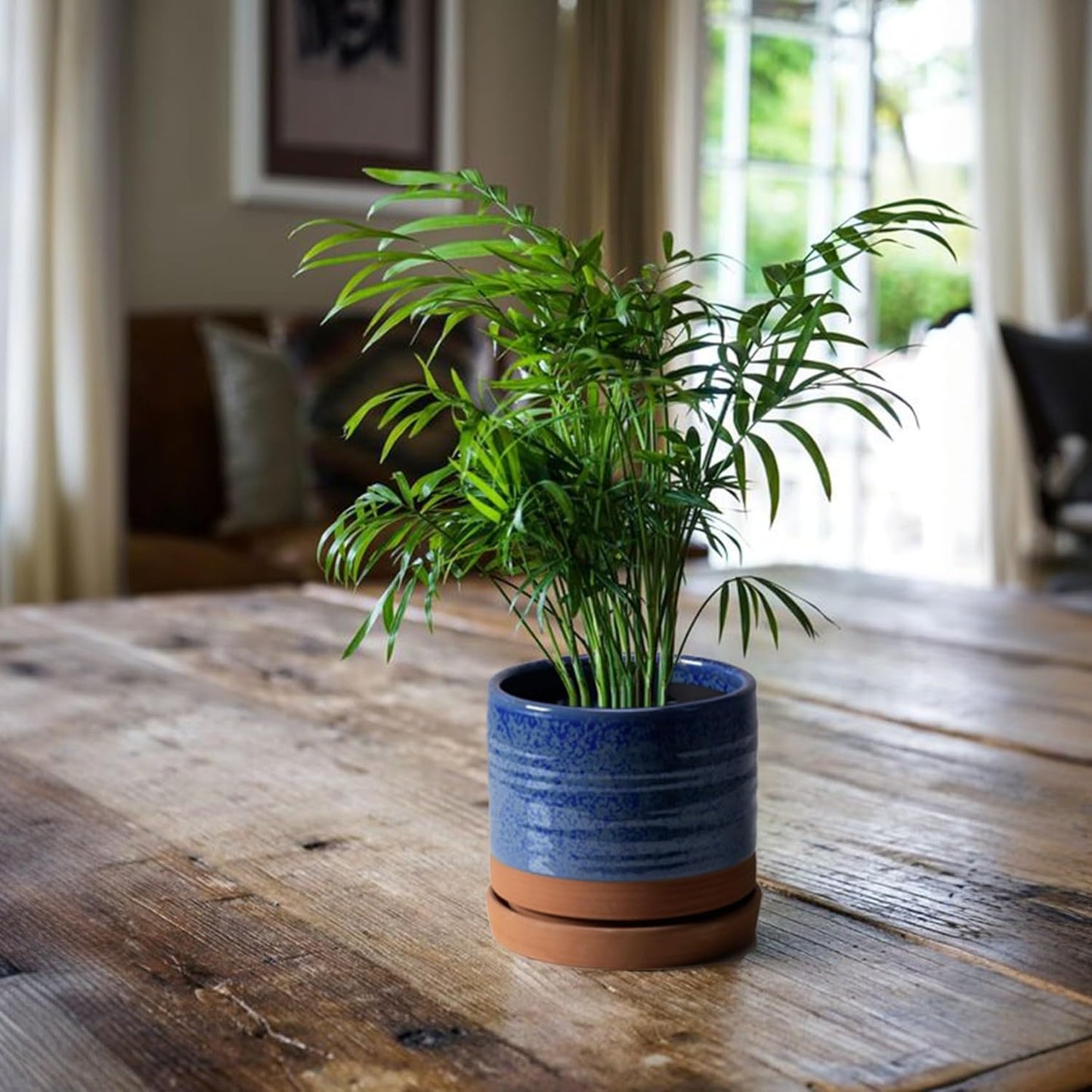6 Inch Plant Pots, Ceramic Planter Pot with Drainage Hole & Saucer, Indoor/Outdoor Cylinder Round Planter Pot, Aqua Blue & Terracotta Red