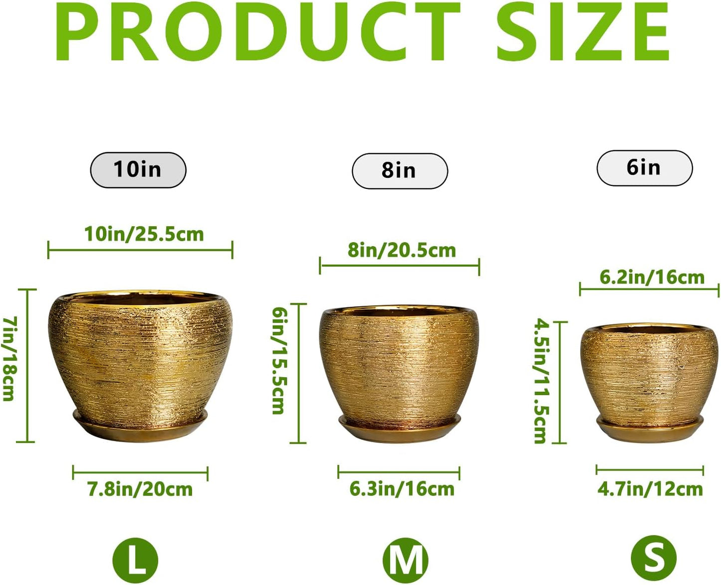 Flower Pots for Indoor & Outdoor Plants - Ceramic Pots 10 Inch, 8 Inch, 6 Inch with Drainage Holes, Saucers - Decorative Large Planters Set of 3 Gold