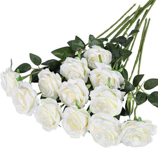 Hawesome 12PCS Artificial Silk Flowers Realistic Roses Bouquet Long Stem for Home Wedding Decoration Party (12PCS-Cream White 1)