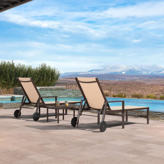 PURPLE LEAF Pool Lounge Chairs Set of 3 Aluminum Outdoor Lounge Chairs with Wheels and Armrests Adjustable Patio for Deck Outside Lawn Garden, Cream