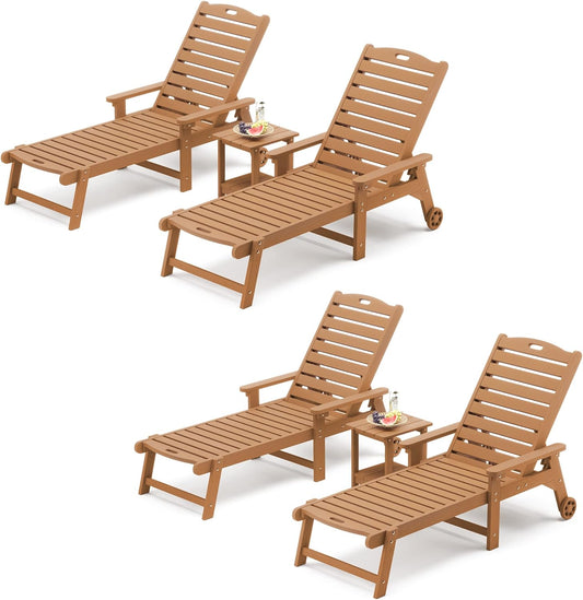 LUE BONA Chaise Lounge Chairs Set with Table, 6-Piece, HDPS Chaise Lounger, 5 Positions Adjustable Lounge Chairs, Pool Lounge Chair with Wheels for Poolside, 3 Year Warranty, Teak Color