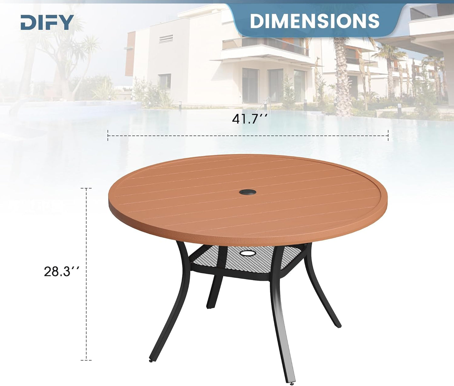 DIFY Round Outdoor Patio Dining Table for 4, 41.7" Patio Table with All-Weather Faux Wood Tabletop and Metal Steel Frame, Outside Table for Garden Porch Backyard, Walnut