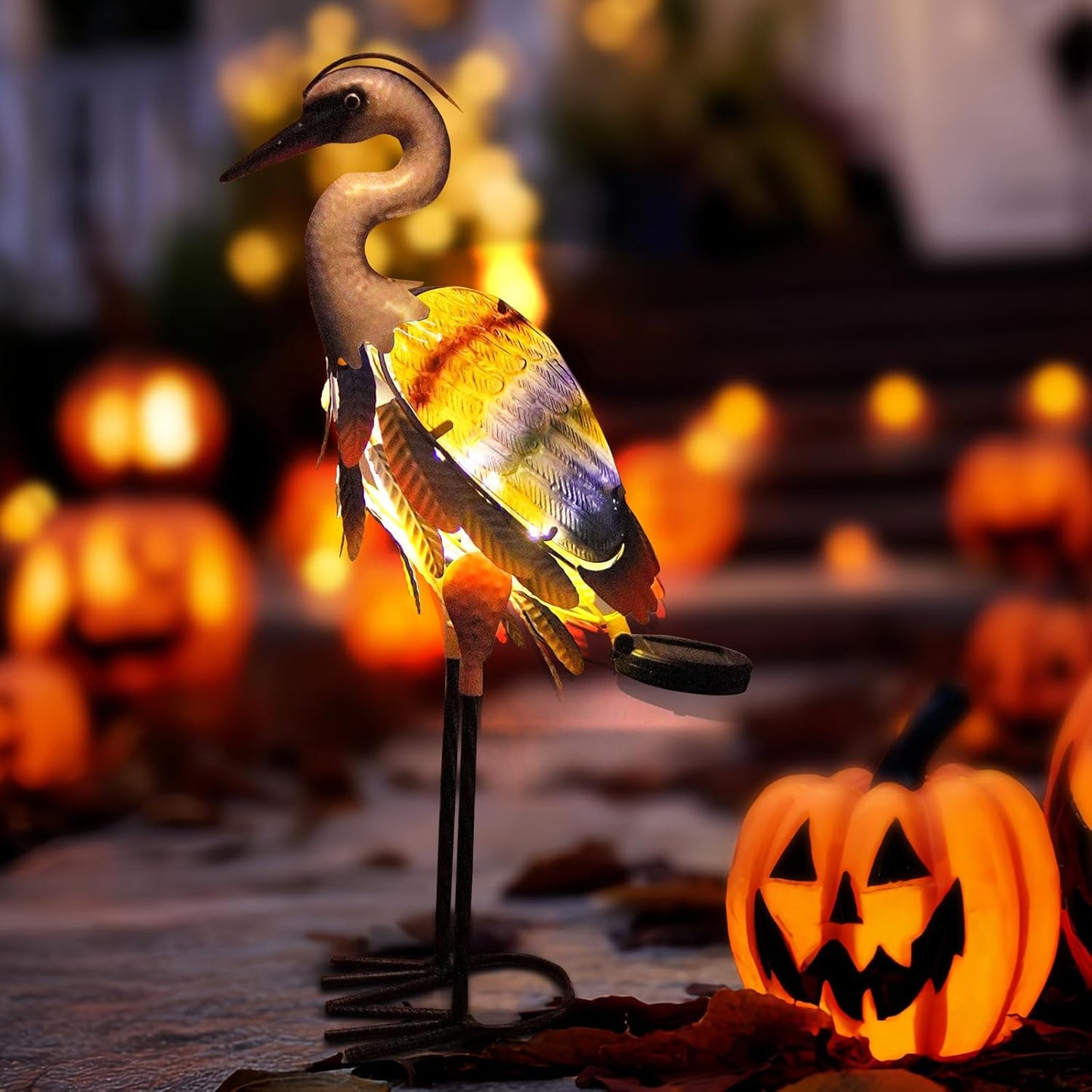 HONGLAND Solar Heron Metal Crane Statue Garden Heron Sculpture, Glass Outdoor Crane Yard Art Coastal Ocean Bird Decor 24 Inch Lawn Ornament for Backyard Porch Patio Decor（Purple）