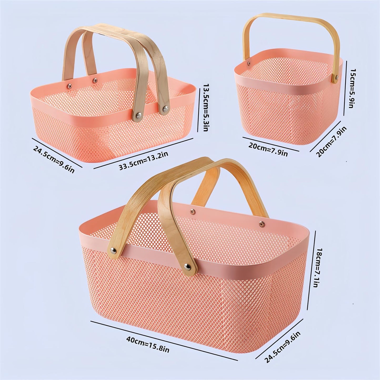 3pcs plastic harvest baskets, foldable wooden handles, rectangular garden storage baskets, for picking and collecting vegetables and fruits in the garden cabinet (Pink)