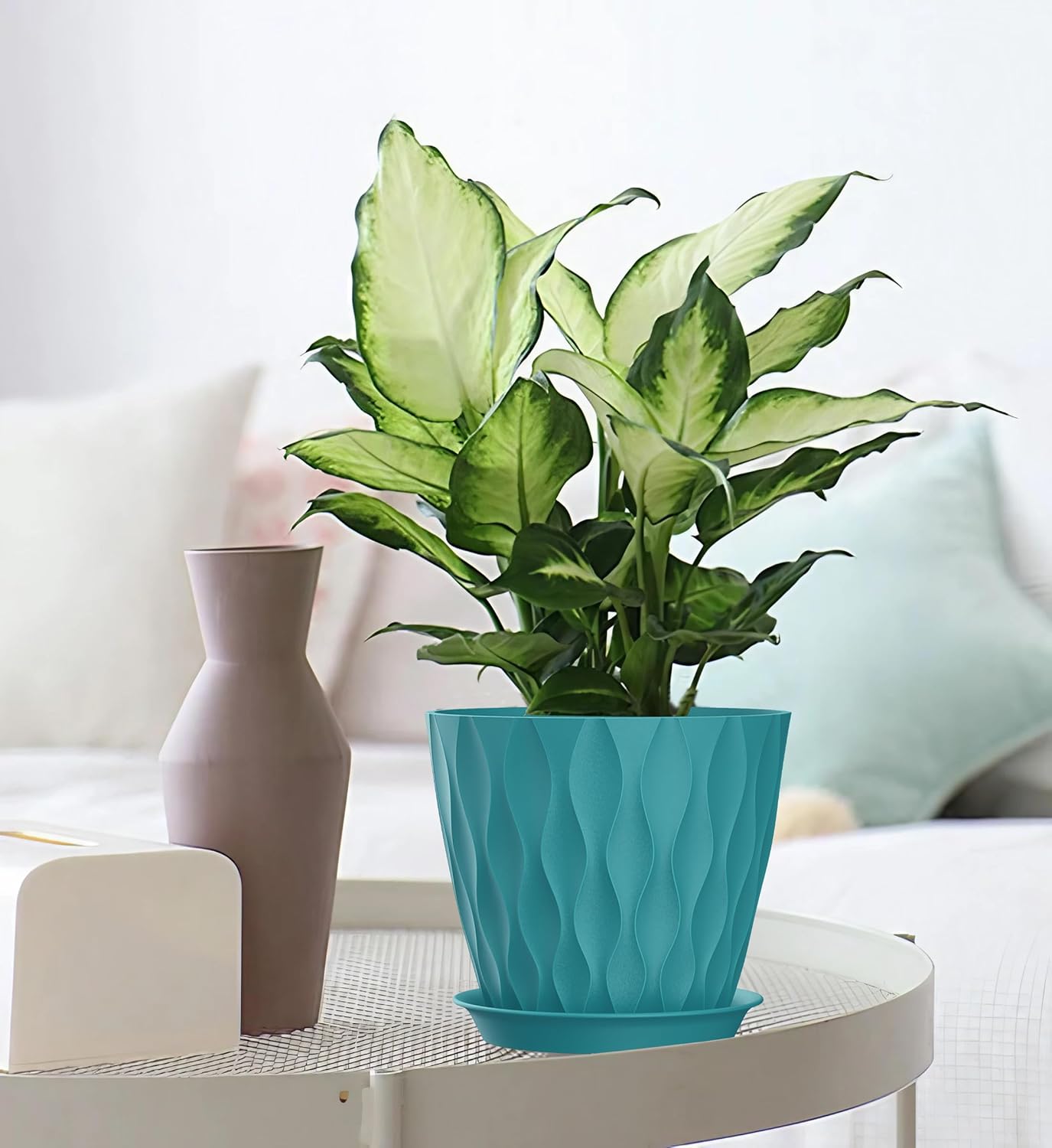 4/4.5/5/5.5/6/6.5/7 Inch Plant Pots,7 Pack Flower Pots with Drainage Holes and Trays,Plastic Planters for Indoor Outdoor Plants Growth,Green