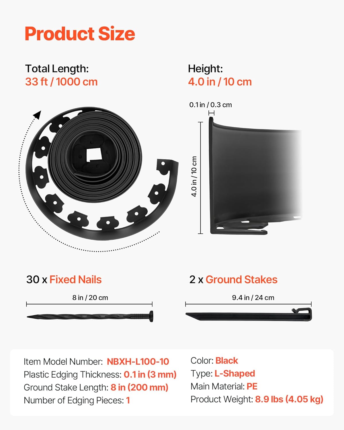 VEVOR Landscape Edging, 33 ft x 4 in Plastic Garden Border Edging with 30 Spikes & 2 Ground Stakes, No Dig, Flexible Lawn Edgings Roll, UV-Resistant Mini Fence Borders for Flower Beds Yard Paver