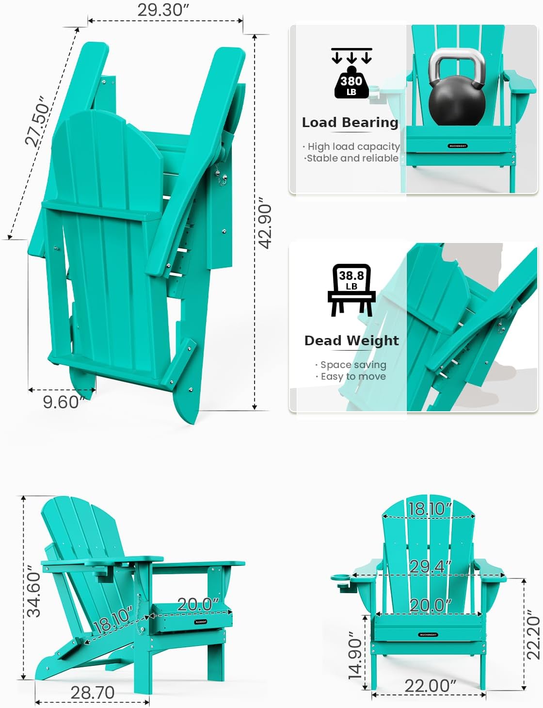 MUCHENGHY Folding Adirondack Chairs and Table Set, Outdoor Chair, Adirondack Chair Plastic, Fire Pit Chair, Weather Resistant with Cup Holder for Deck, Backyard, Garden(Lake Blue, 3-Piece)
