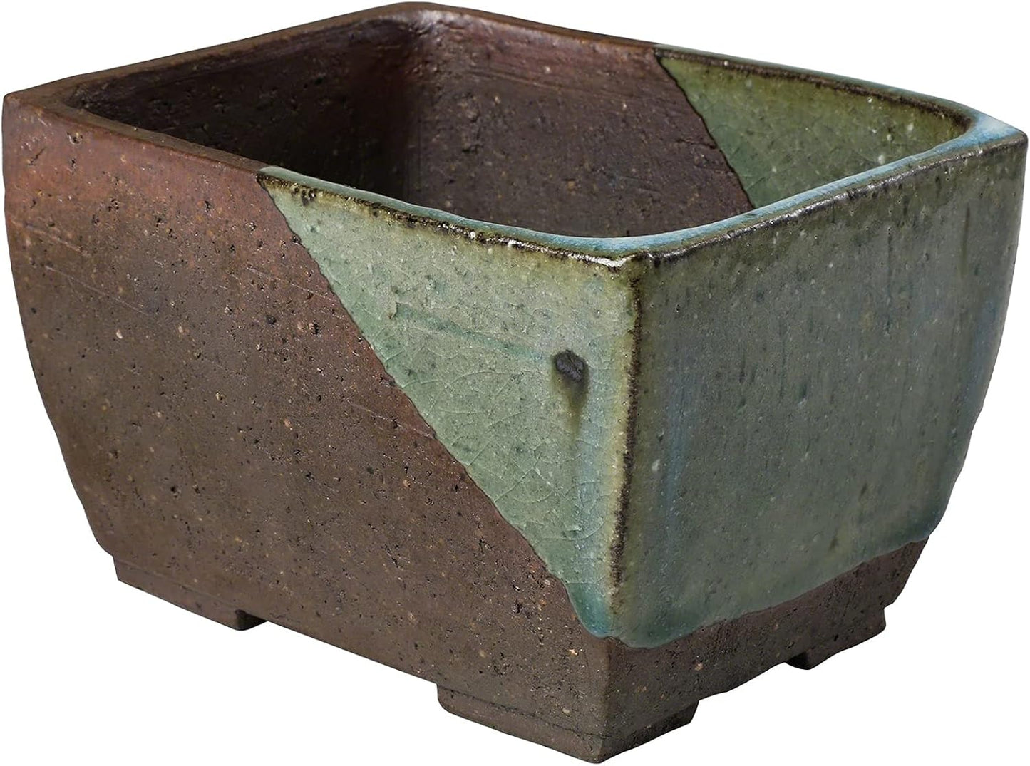 Wazakura Tokoname Series Small Handmade Rectangular Glazed Bonsai Pot with Drainage Holes 5.3 in (135 mm) Made in Japan, Ceramic Training Container and Planter - Brown Green