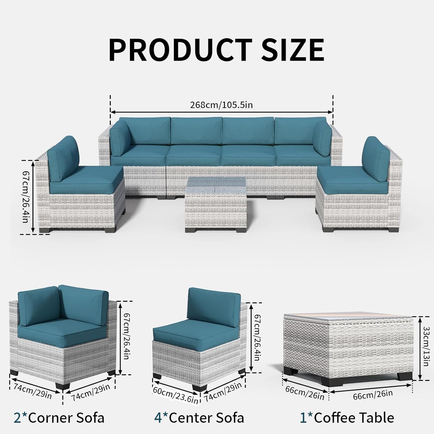 7 Piece Patio Furniture Set, Rattan Outdoor Patio Conversation Sets, Outdoor Sectional Furniture with Waterproof Cushion and Coffee Table, for Deck, Backyard, Garden, Peacock Blue-2