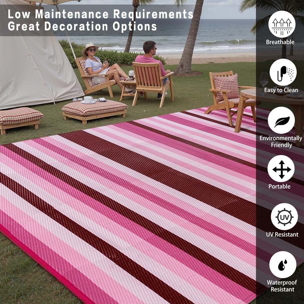 Outdoor Waterproof Rug 6'x9' Plastic Straw Rugs Washable Reversible Floor Mat Pink Stripe Carpet for Camping RV Deck Entryance Porch Picnic Balcony Beach Backyard