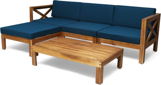 Christopher Knight Home Mamie Outdoor Acacia Wood 5 Piece Sofa Set, Teak Finish, Dark Teal