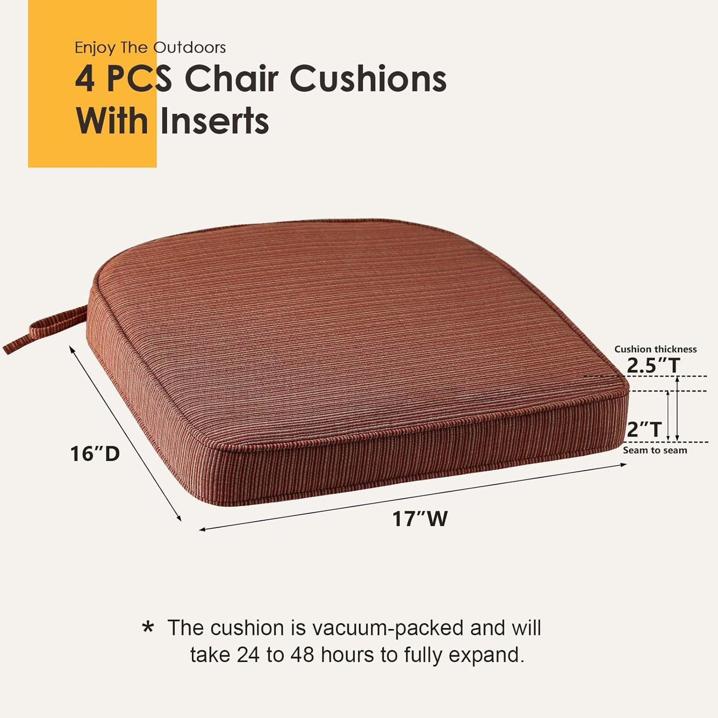 Outdoor Outdoor Round Corner Seat Cushion, 17"x16"x2", Set of 4, Non Slip Seat Cushion Pads with Removable Cover for Patio Furniture, Garden Yard Lawn, Dark Yellow Tan Stripe