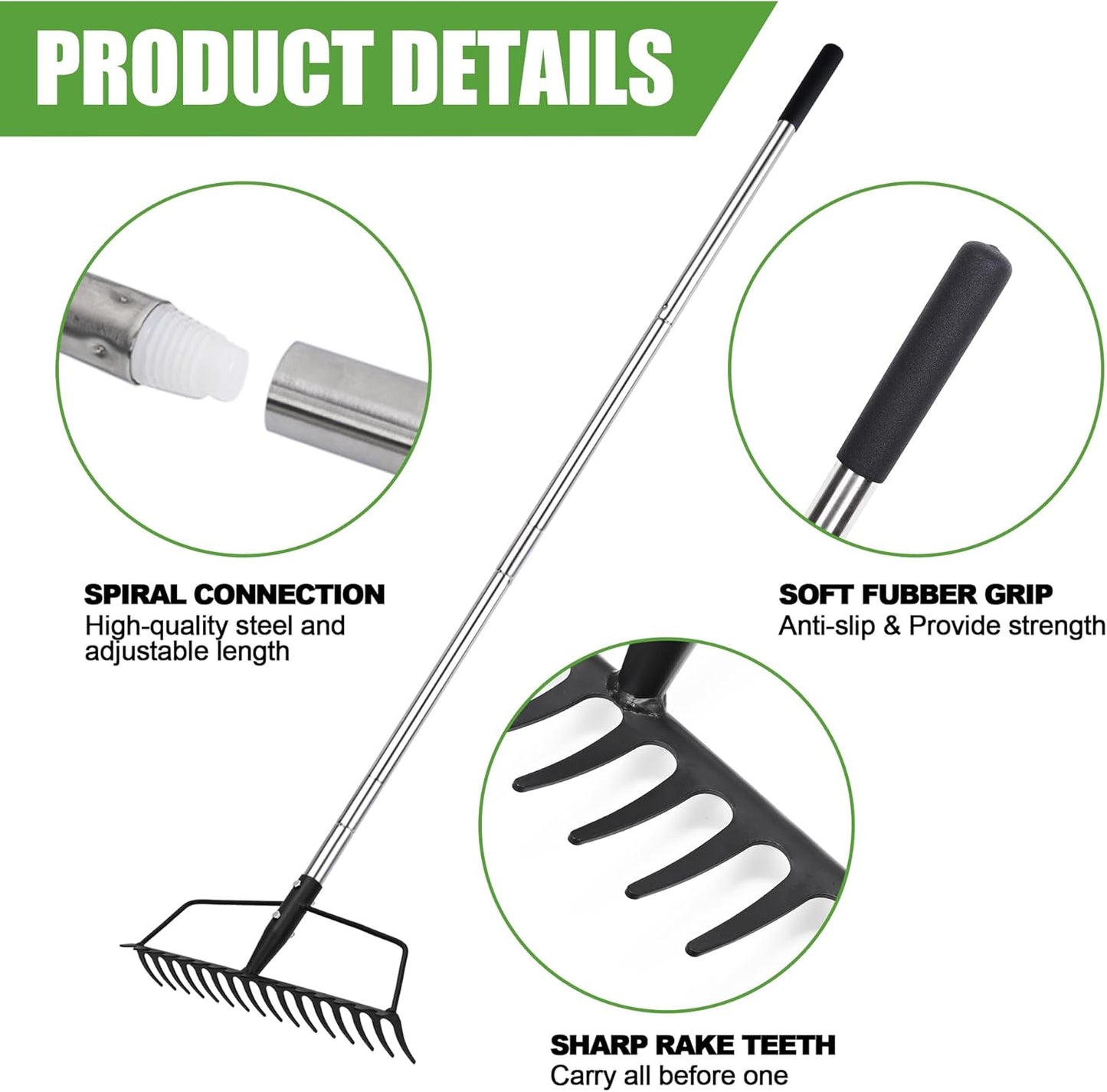 Garden Rake, Metal Sturdy and Heavy Duty Metal Rake, 16-Tine Bow Rake with Adjustable Stainless Steel Handle, Long Shaft for Loosening Soil, Leveling Mulch, Gathering Leaves