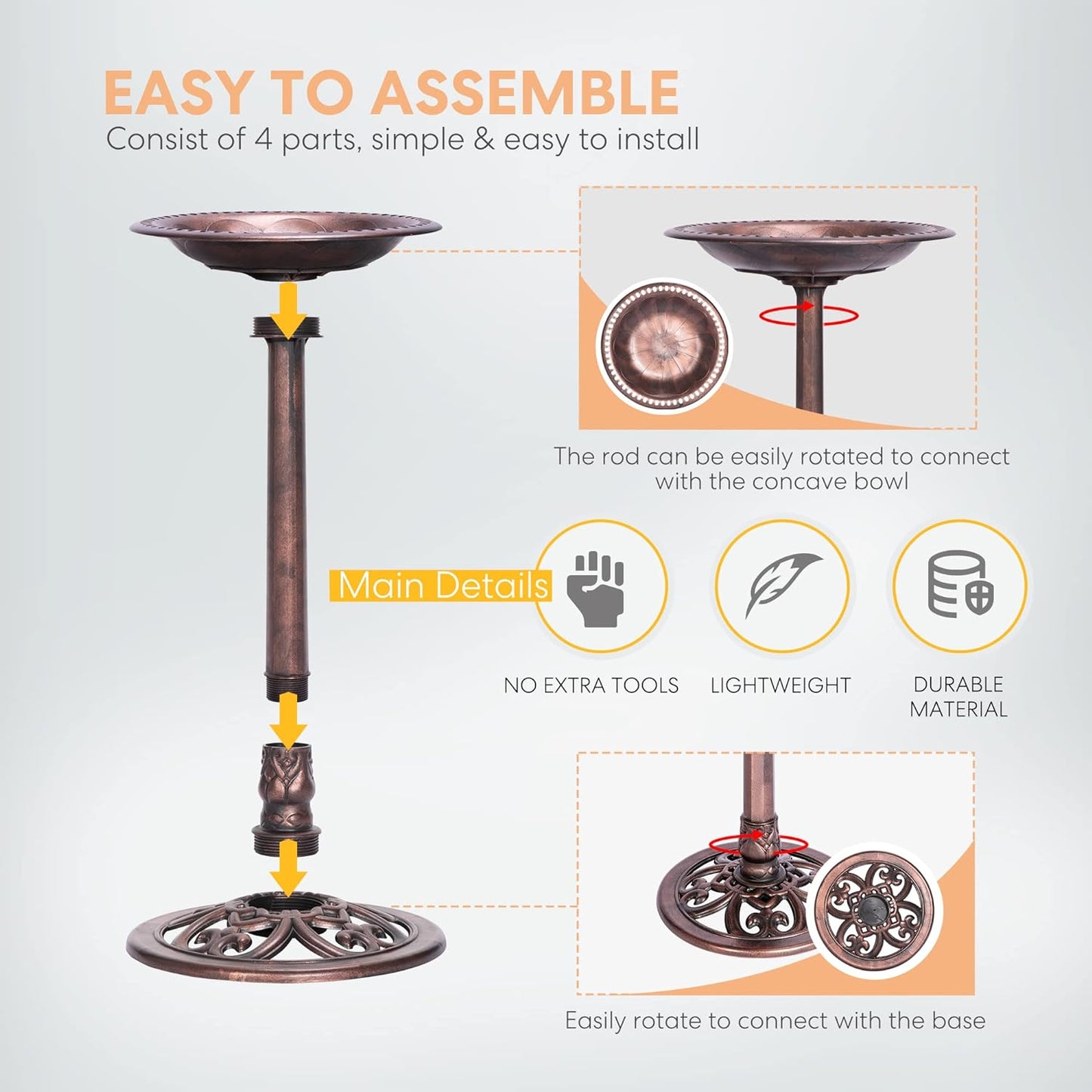 VIVOHOME Polyresin Antique Outdoor Bronze Garden Bird Bath and Solar Powered Round Pond Fountain Combo Set