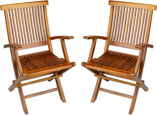 TeakCraft Teak Folding Arm Chair - 2 Piece Foldable Chairs Set - Fully Assembled - Solid Wooden Outdoor, Indoor- Wood Dining Room, Kitchen, Patio, Bistro Chairs, The Mille