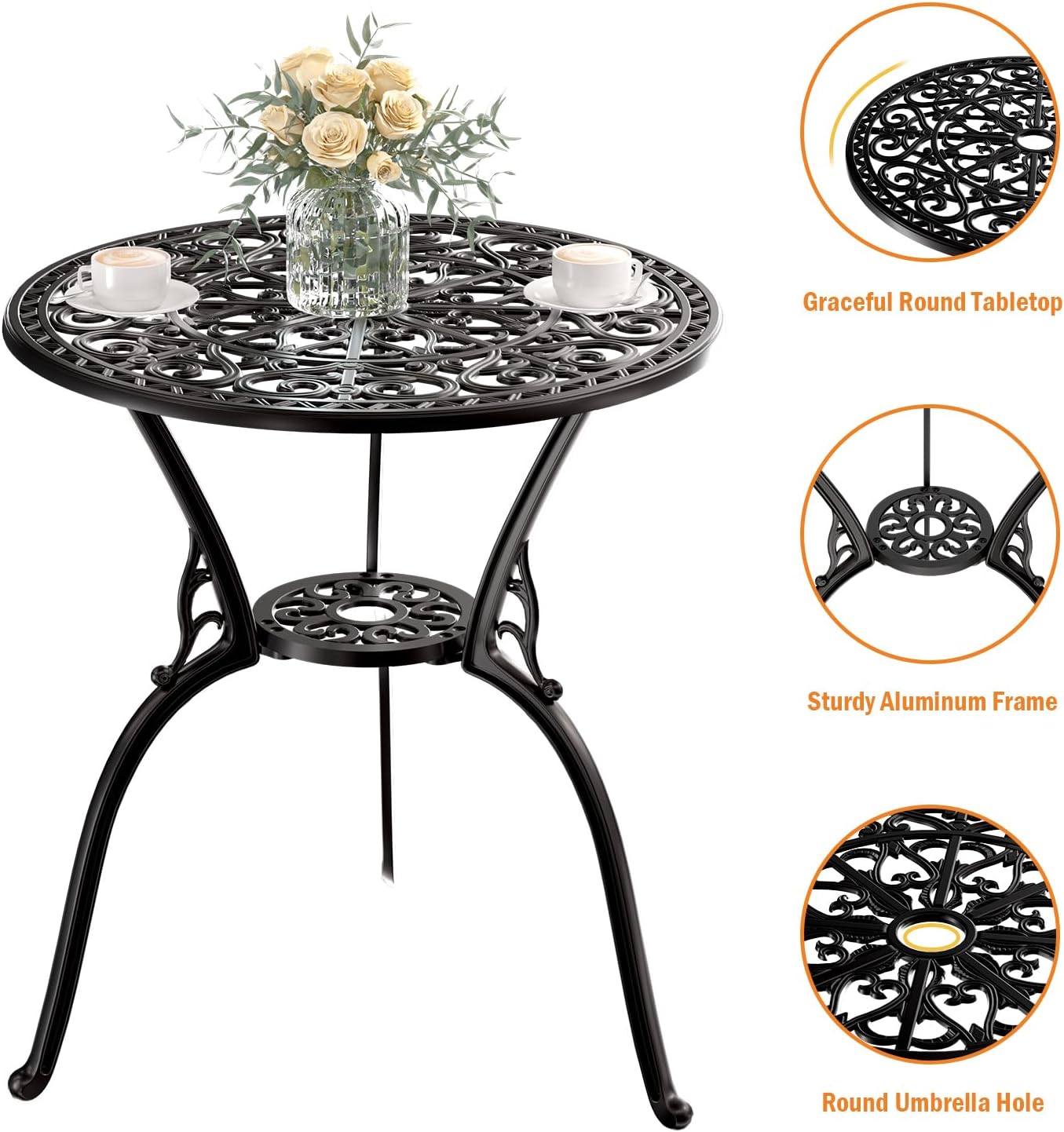 Patio Bistro Set of 2, Cast Aluminum, Outdoor Set w/Umbrella Hole, 3 Piece Table and Chairs Set, Bistro Set for Backyard/Garden/Lawn, Black