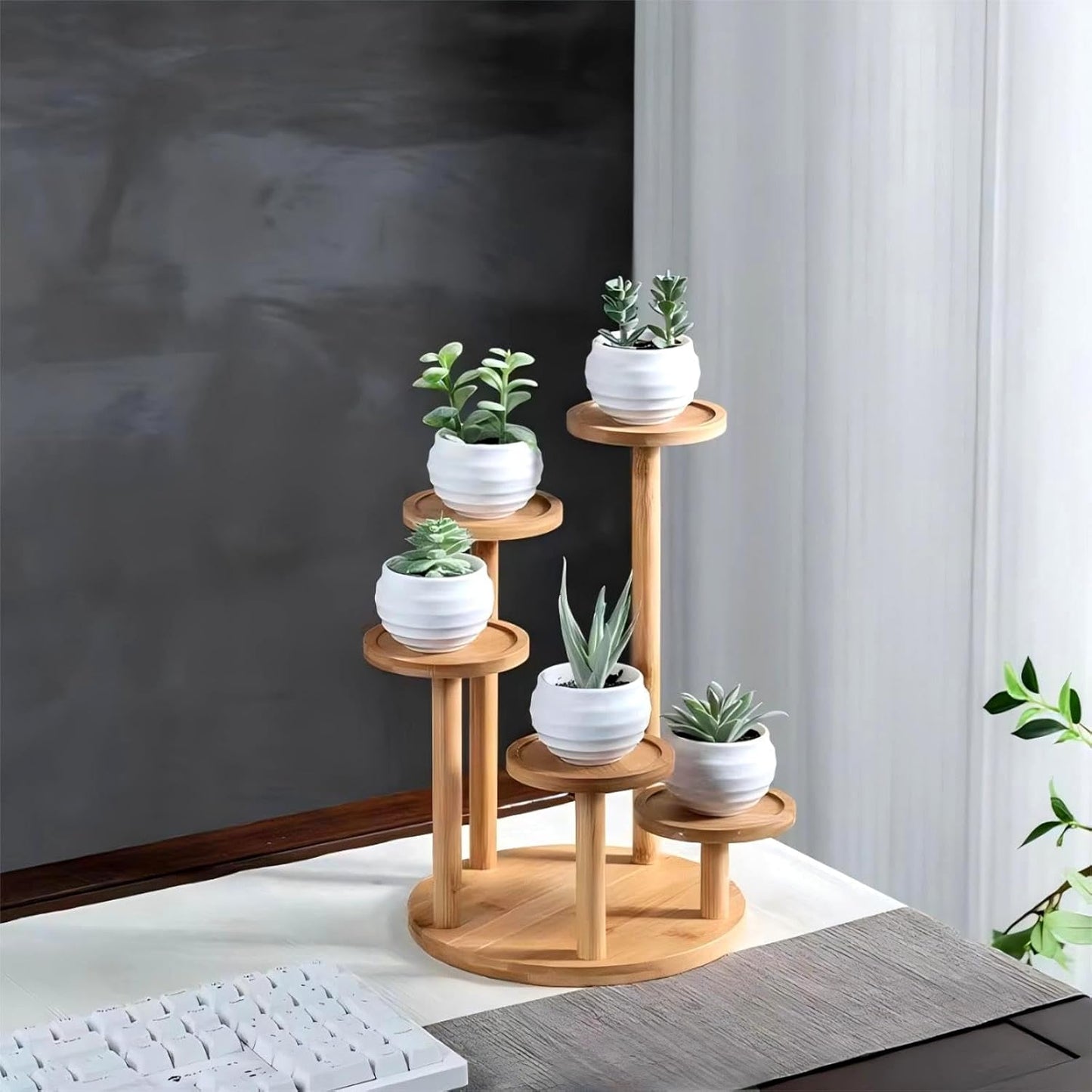 5 Tiered Desk Plant Stand Round Bamboo Plant Shelf Tabletop Succulent Herb Stand Desktop Plant Stand Indoor Plant Rack for in Living Room Office Decoration - Small