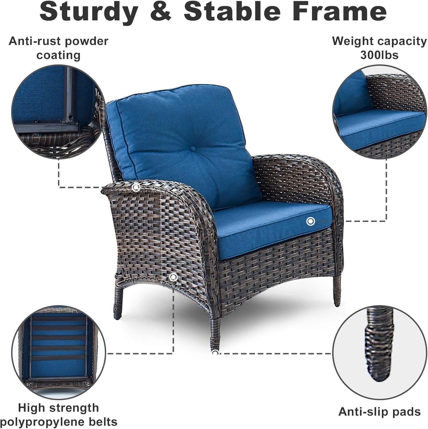 HUMMUH 3 Pieces Patio Furniture Set Outdoor Wicker Bistro Rattan Chairs with Glass Top Side Table and Thickened Cushions for Porch Deck Backyard Poolside