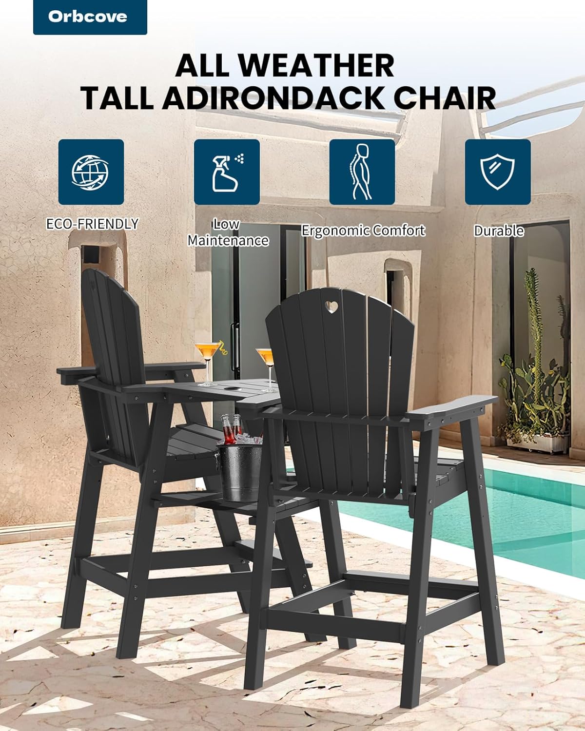Tall Adirondack Chairs Set of 2-Durable HDPE Outdoor Bar Stools with Double Connecting Tray, Weatherproof Patio Furniture for Poolside, Backyard, Deck & Lawn Relaxation (Gery)