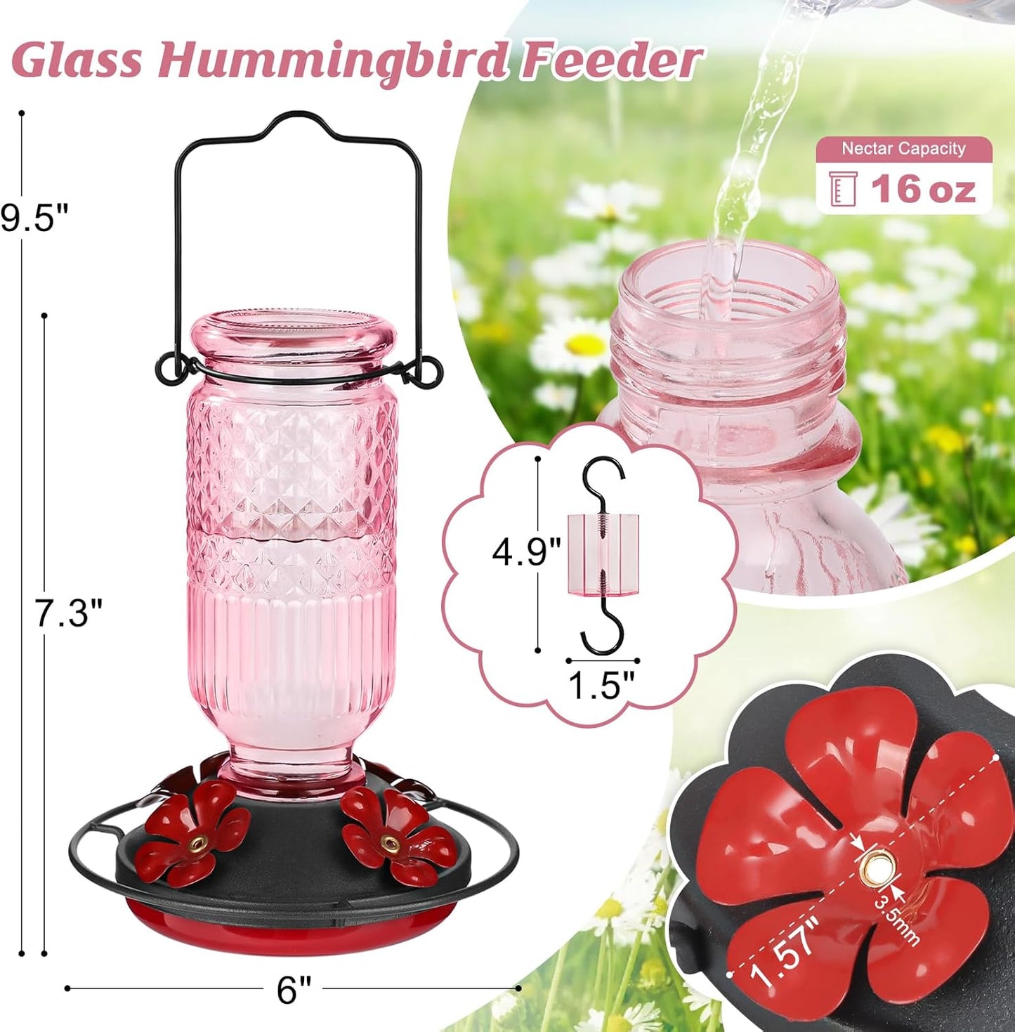 FEED GARDEN Glass Hummingbird Feeders for Outdoors, 16 OZ Pink Hummingbird Feeder with 4 Bee Guard Feeding Ports & Built-in Ant Moat, Humming Bird Feeder, Gifts for Women Mom,1 Pack