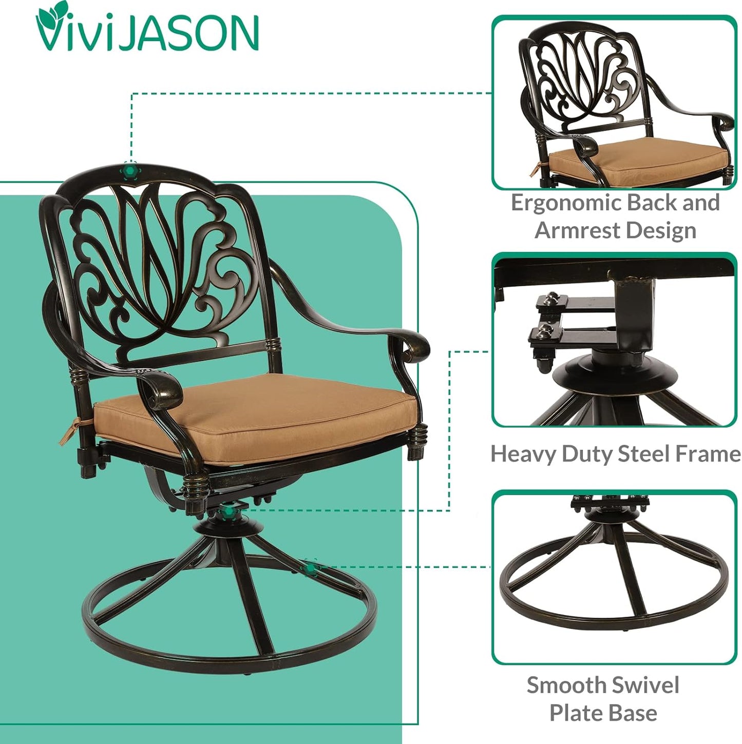 VIVIJASON 3-Piece Patio Furniture Dining Set, Outdoor All-Weather Cast Aluminum Bistro Set, Include 2 Swivel Chairs and 31" Round Table w/Umbrella Hole for Balcony, Lawn, Garden, Antique Bronze