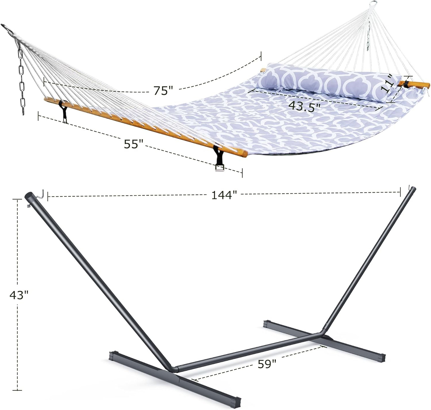 Double Hammock with Stand for Outdoor, Heavy Duty Portable Hammock with Adjustable Steel Stand for Patio, Garden, Beach, Backyard - Includes Carrying Bag,White Grey
