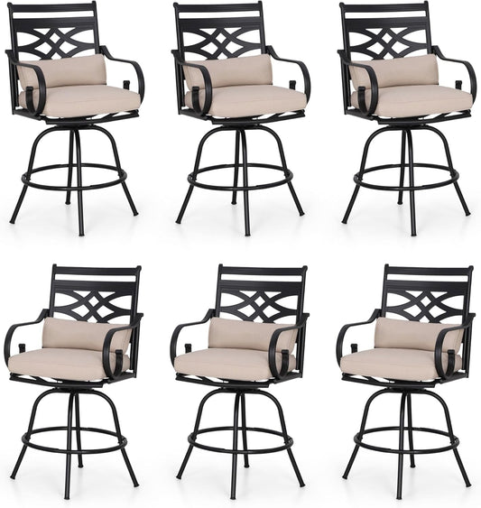 PHI VILLA Outdoor Swivel Bar Stools Set of 6，Patio Counter Height Bar Chairs with Back and Armrest，Metal,Black