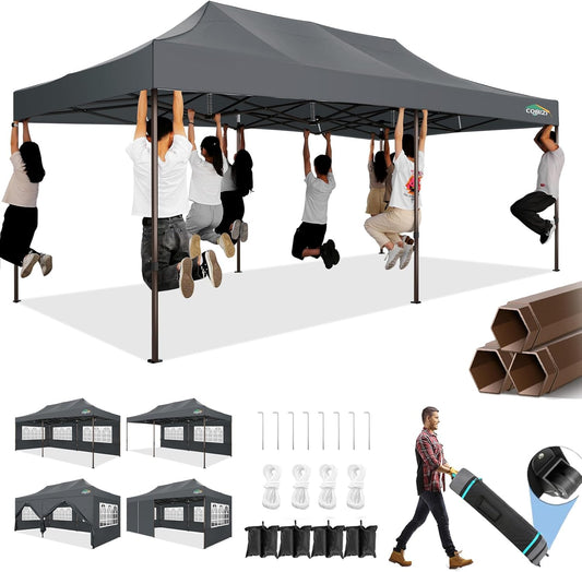 COBIZI 10x20 Pop Up Canopy Tent Heavy Duty with 6 Removable Sidewalls, Commercial Heavy Duty Pop Up Tent for Parties All Weather Waterproof and UV 50+ Wedding Tent with Roller Bag(Legs Upgraded)