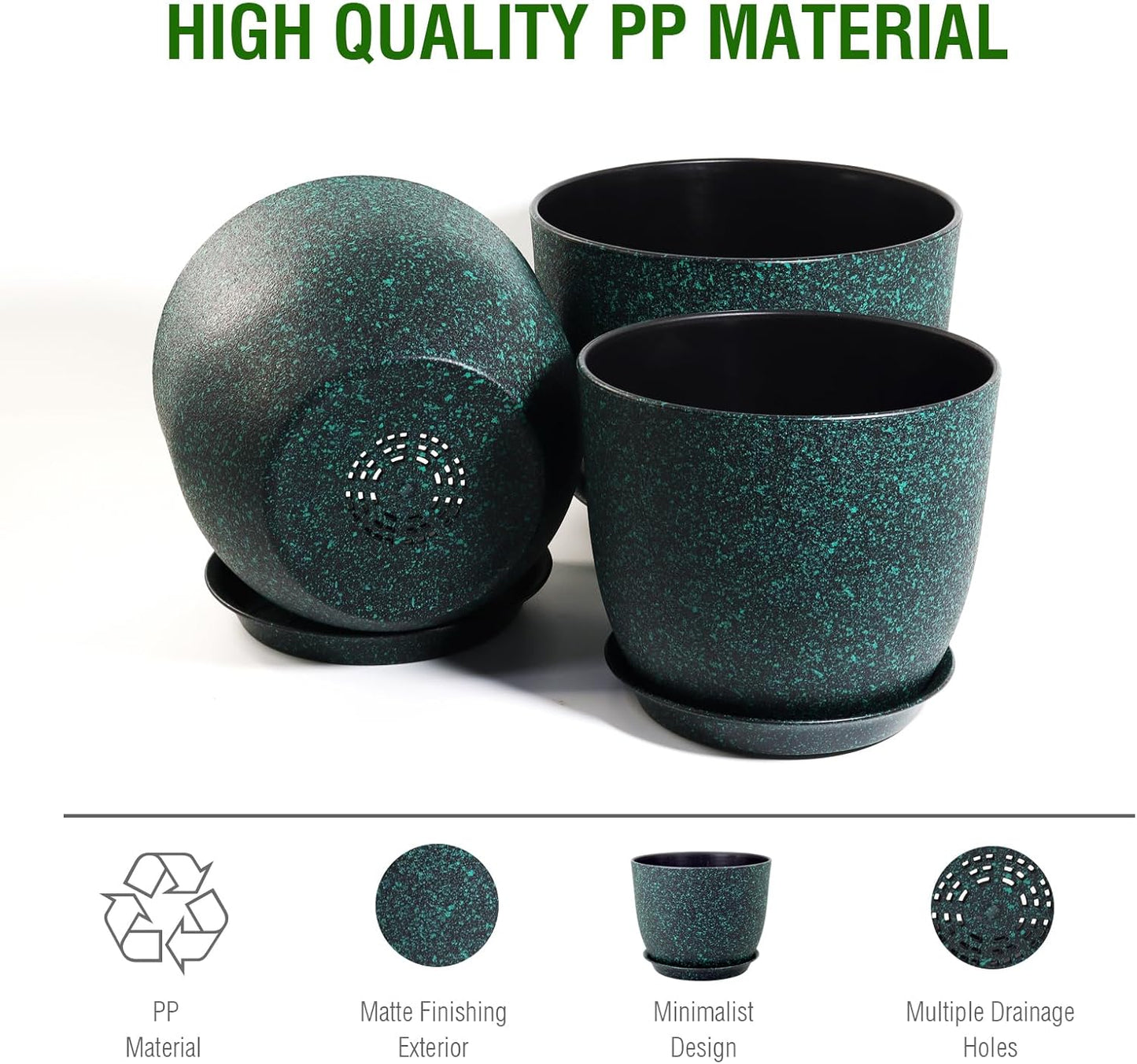 Large Flower Pots 12/10/9 inch, Set of 3 Decorative Plastic Planters with Drainage Holes and Saucers for Garden House Plants, Plant Pots for Indoor Outdoor Plants, Black with Green Speckles