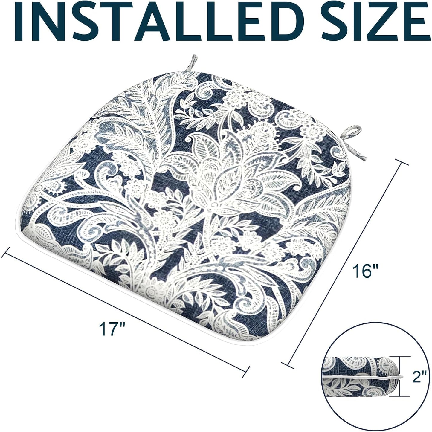 Indoor/Outdoor Chair Cushions 16x17 Inch, Patio Chair Cushions with Ties, All Weather Seat Cushions for Patio Furniture Home Garden Chair Use, Set of 2,Damask Lapis