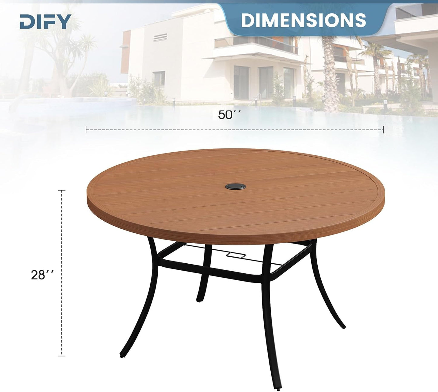 DIFY 50" Round Outdoor Patio Dining Table for 6, Metal Patio Table with 1.57" Adjustable Umbrella Hole, All-Weather Dining Furniture Table for Backyard Lawn Garden, Walnut