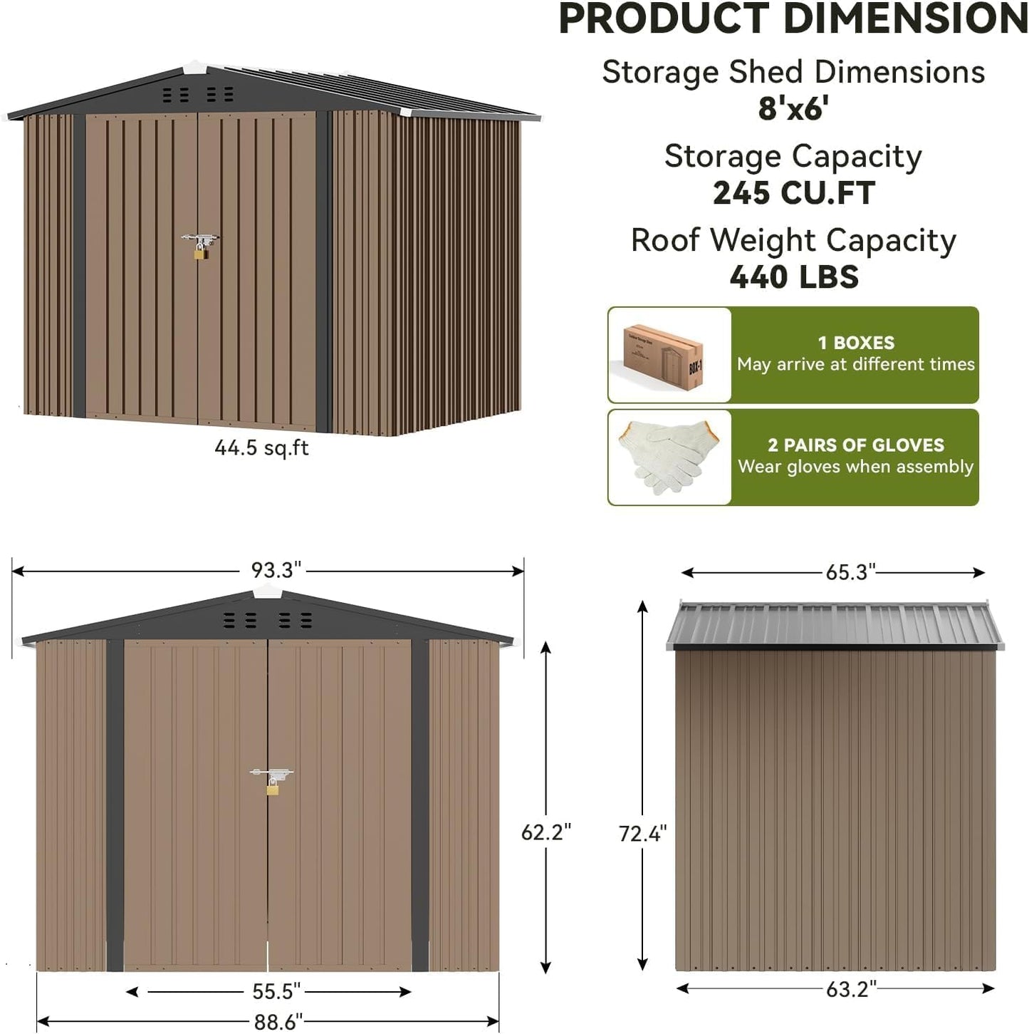 COMHOMA Shed Outdoor Storage Shed Metal,Lockable Doors Tool Sheds with Sloping Roof,Steel Garden Shed with Air Vent for Backyard,Patio,Lawn,Poolside (Brown, 8'*6')
