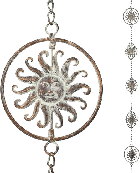 Sun Face Rain Chains, 8.5 Feet Length, Rain Gutter Chains, Functional and Decorative Replacement for Gutter Downspouts, Metal Loop Rain Catcher Chain, Rain Chains for Outside Garden Balcony Porch