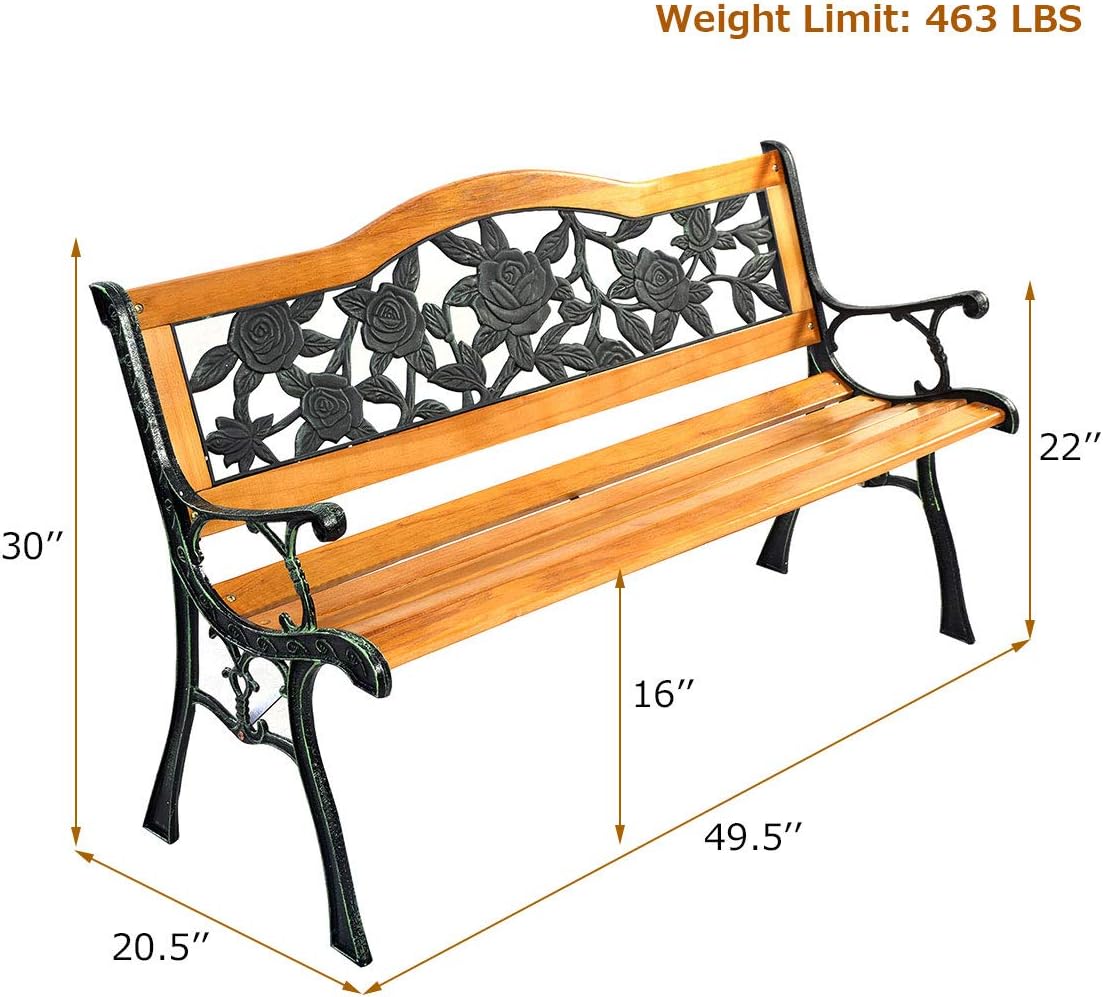 S AFSTAR Outdoor Garden Bench, Patio Bench with Large Rose Cast Backrest & Comfort Wood Seat, 470 LBS Load Capacity, Weather Proof, Durable, Easy to Assemble