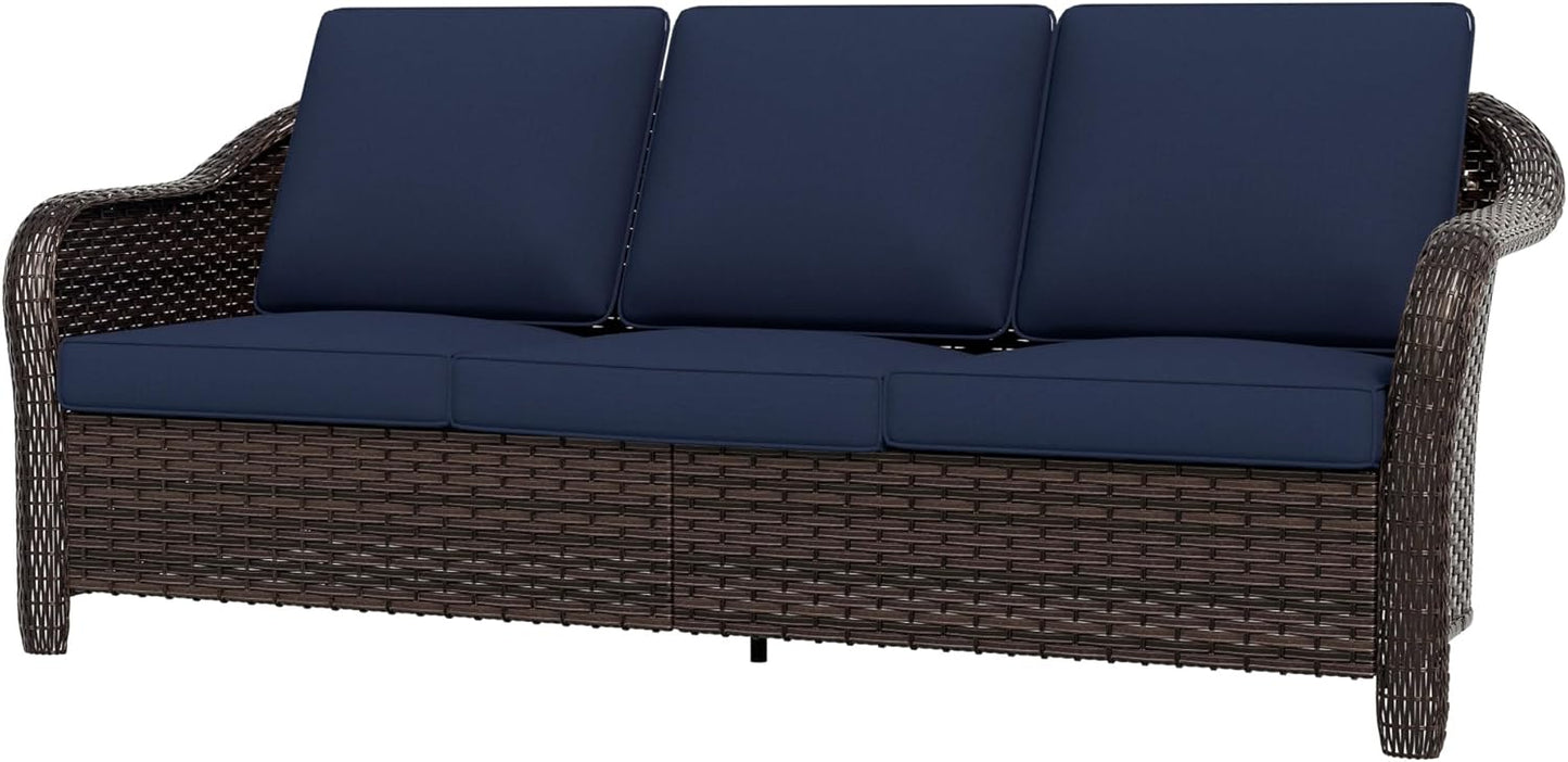 77 inch Outdoor Wicker 3 Seater Sofa, All-Weather Use Patio Rattan Sofa with Seat and Back Cushion, Ideal for Porch, Backyard, Balcony, Poolside, Blue