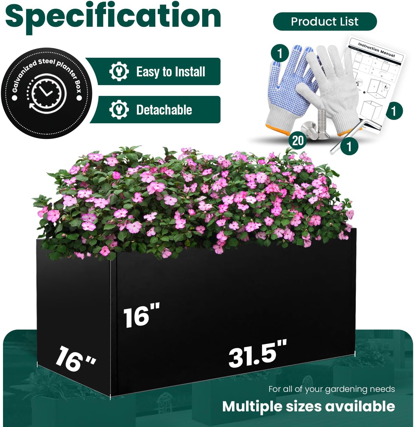 Galvanized Steel Metal Planter Rectangular Indoor Black Planter Box Large Outdoor Planters Steel 31.5" x 16" x 16" Commercial Residential for Patio, Deck, Garden