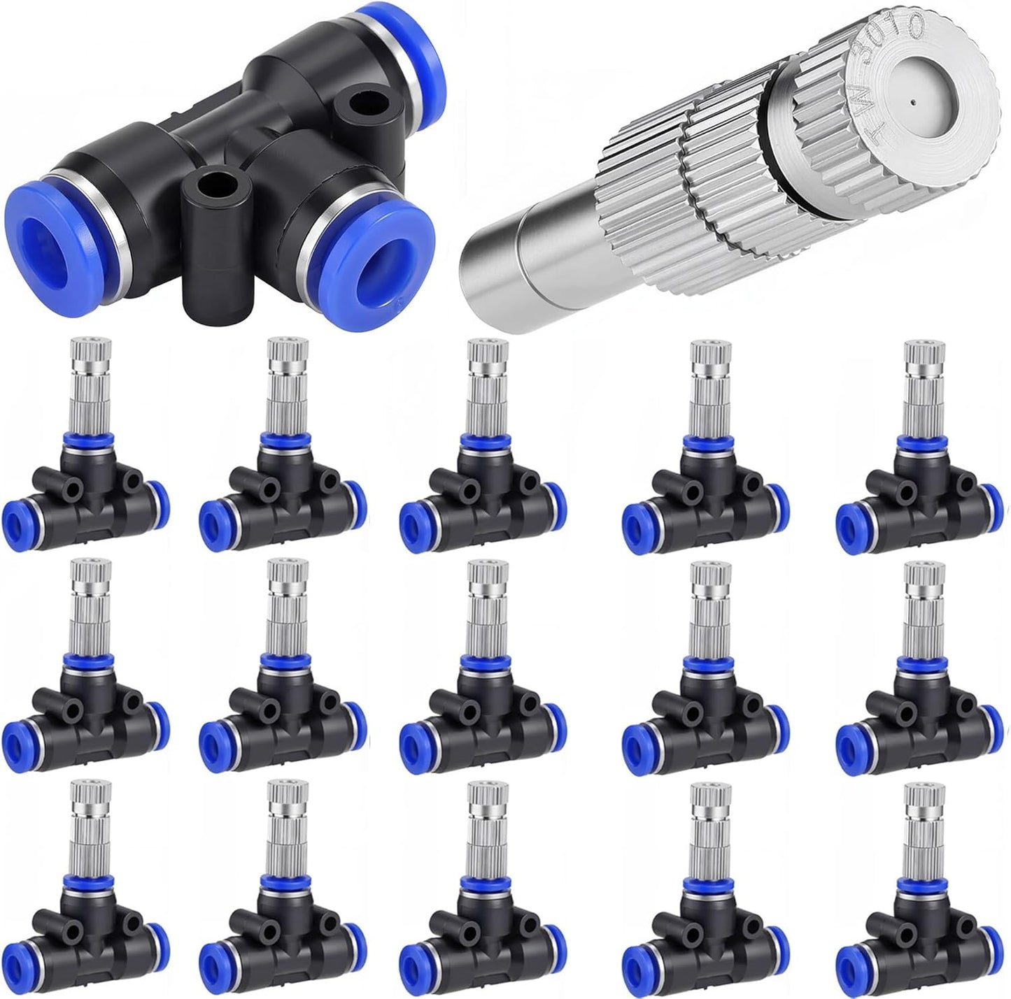 Mornajina 30 Pcs Brass Misting Nozzles Mister Replacement Nozzles with Filter Mesh & 1/4" Water Misting Nozzle Tees Kit, 0.012"/0.3mm Orifice Misting System Heads Sprayer for Outdoor Cooling System