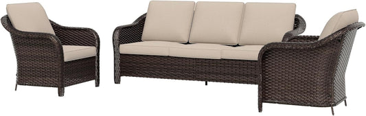 3 Piece Patio Wicker Conversation Set, All-Weather Use Outdoor Wicker Sofa with 2 PE Rattan Chair, Ideal for Porch, Backyard, Balcony, Poolside, Beige