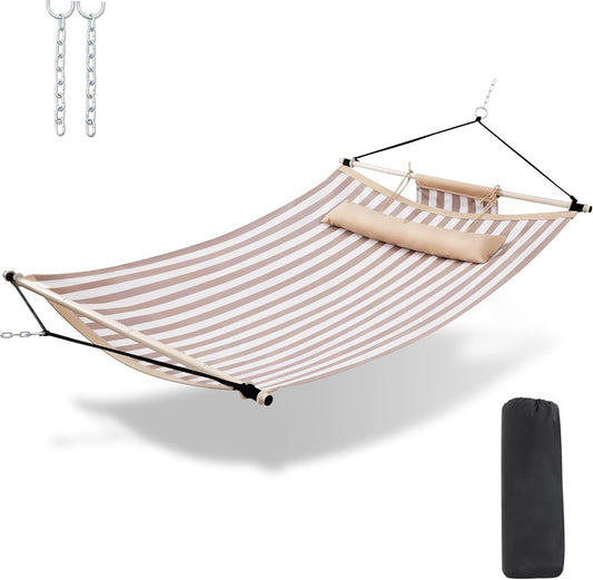 TegerDeger Anti-flip 12FT Hammock Large Hammock 450LB Capacity with Iron Spreader Bar & Nylon Rope for Outside, Patio, Garden, Backyard, Beach - Beige Strips